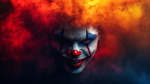 Sinister clown face emerging from fiery red orange smoke.