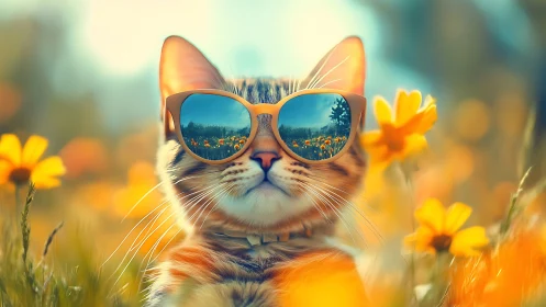 Feline Subject with Reflective Sunglasses in Floral Environment