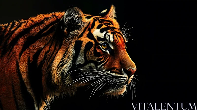 Golden-eyed tiger gazes calmly into the quiet darkness