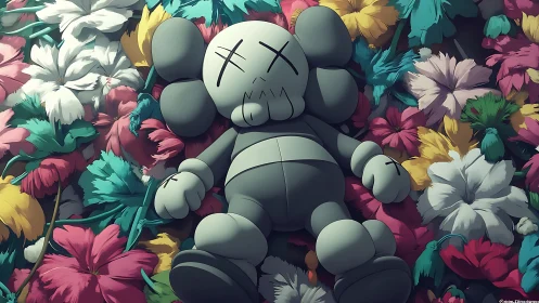 Grey vinyl doll resting on dense colorful flower bed.