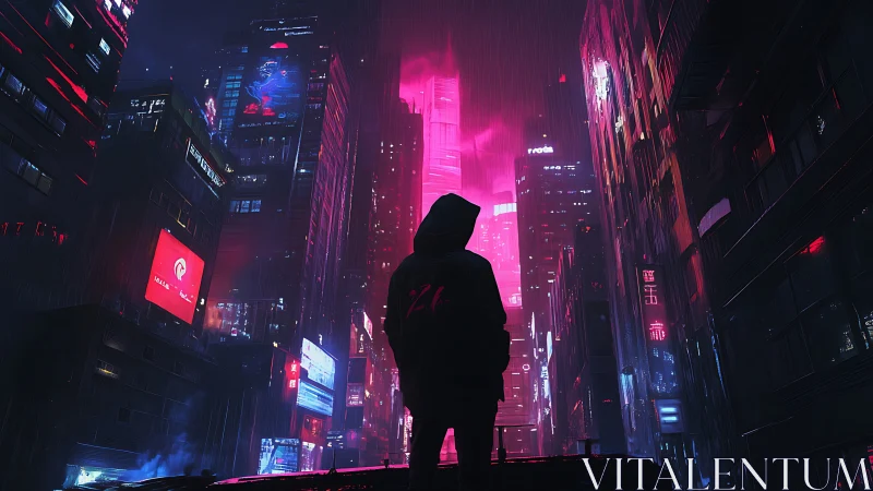 Cyberpunk neon canyon with lone silhouette in rain-soaked cityscape.