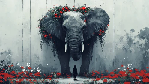 Silent garden giant leans close as a small dreamer listens