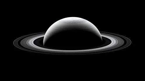 Saturn ring system rendered in stark monochrome space.