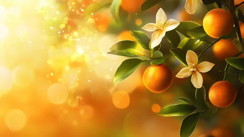 Sunlit orange blossoms rendered with luminous bokeh depth