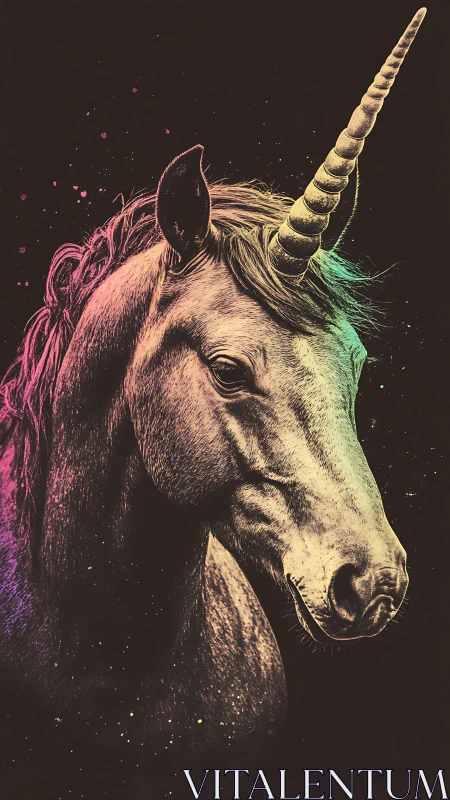 Neon dusk unicorn portrait bathed in cosmic pastel dust.