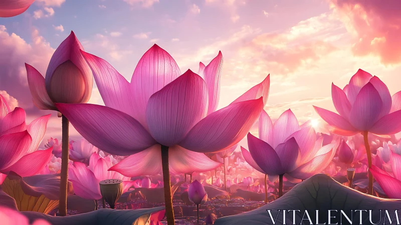 Giant pink lotus flowers fill surreal landscape beneath glowing sky.