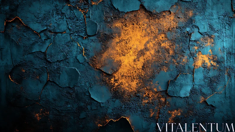 Textured cracked surface shows contrasting blue and orange areas