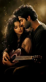 Romantic moment: couple embracing with acoustic guitar in golden light.