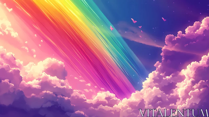 Diagonal multicolor light bands across stylized cloudscape.