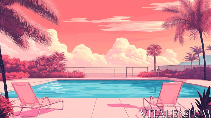 Sunset pool terrace with neon coral tropical glow.