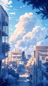 Sunlit suburban street opens beneath towering summer clouds