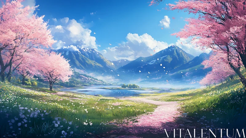 Spring valley landscape with cherry trees and mountains.