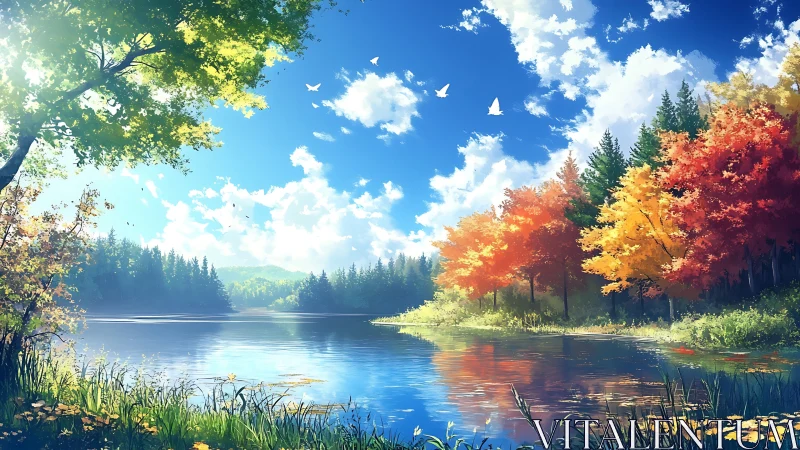 Autumn forest lake glows under vivid blue sky and sunlight.