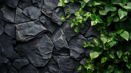 Lush green ivy climbs across dark slate stone wall surface.