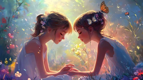 Twin Souls in Bloom: A Magical Garden Moment.
