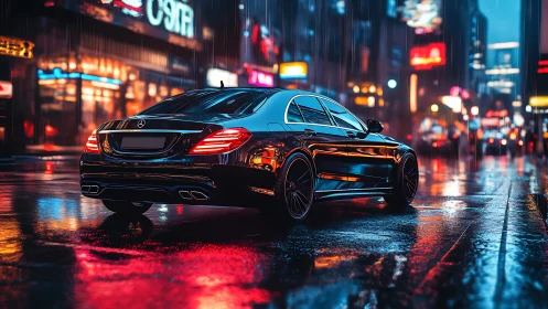 Black luxury sedan glows on neon city street in rain.
