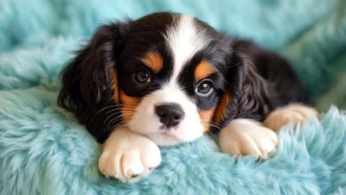 Cavalier King Charles spaniel puppy rests on teal fur blanket