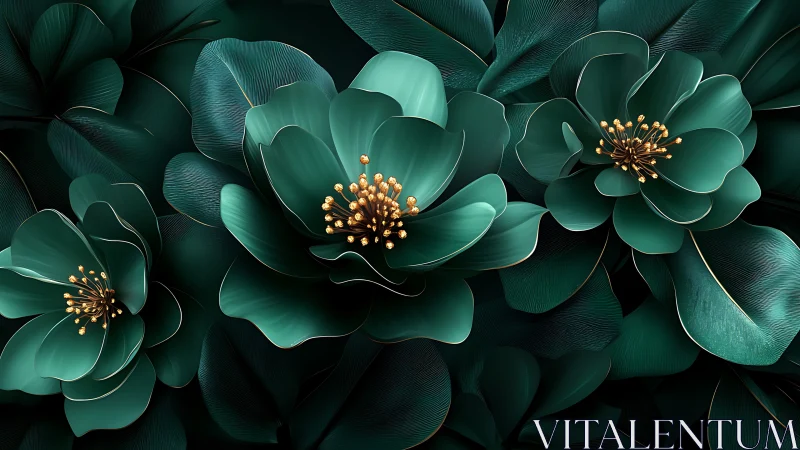 Emerald Blooms with Golden Stamens Against Dark Foliage.