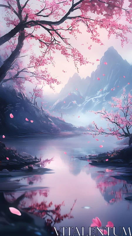 Chromatic alpine lake with reflective sakura canopy simulation.