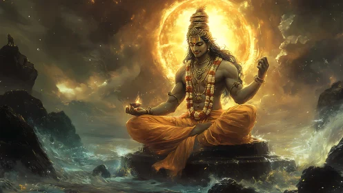 Solar-lit ascetic deity seated above turbulent mythic ocean.