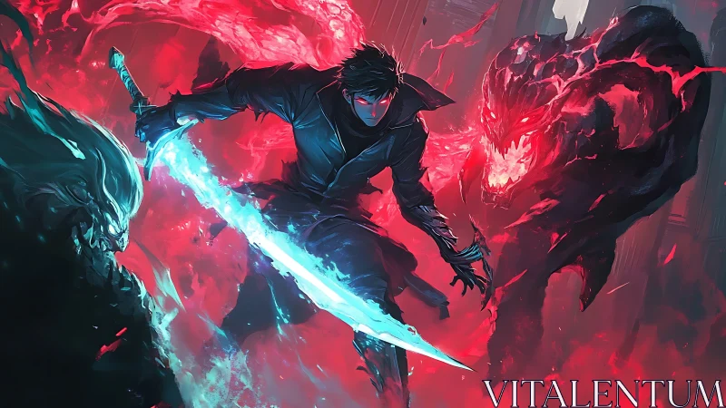 Shadow swordsman cleaves flaming demons in neon storm.