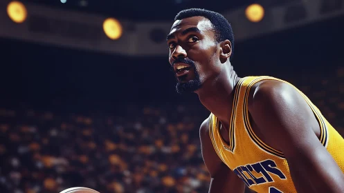 Dynamic courtside portrait captures focused basketball player