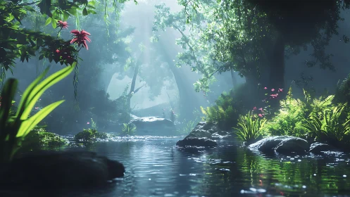 Tranquil Forest Stream Among Emerald Trees and Blooms.