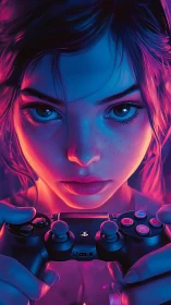 Digital portrait of gamer girl with controller in neon light.