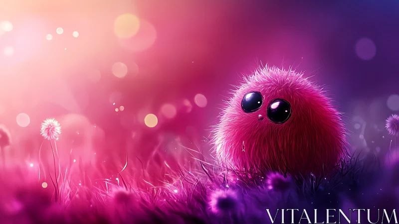 Fluffy magenta creature under neon dusk bokeh field light.
