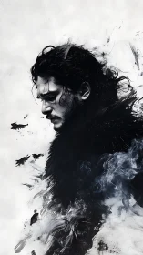 Brooding warrior silhouette dissolves into storm crows