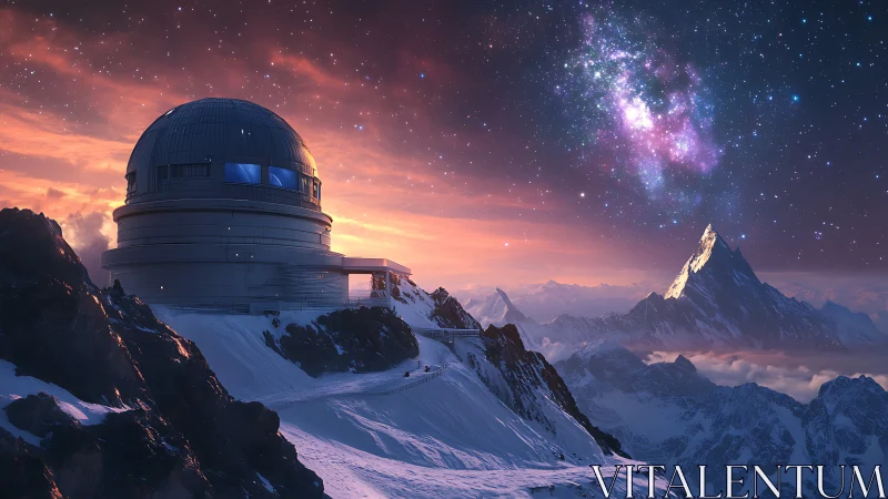 Snowpeak observatory guarding a galaxy-splashed twilight sky.