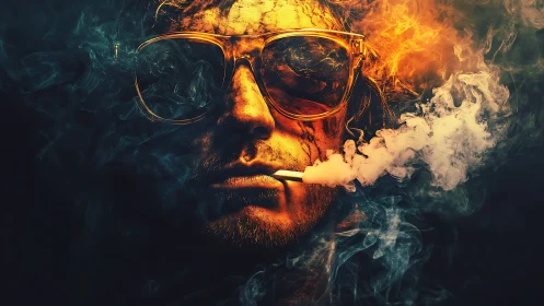 Smoldering rebel in neon smoke and ember-tinted shadows.