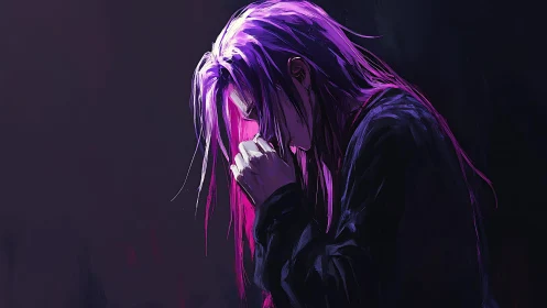 Purple-haired figure bows in quiet sorrow and contemplation.