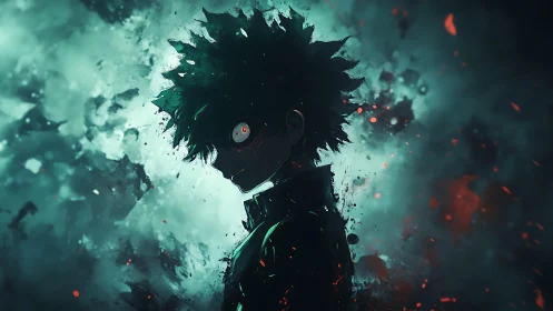 Brooding anime hero wrapped in swirling teal energy glow.