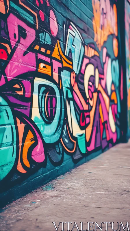 Vibrant urban graffiti mural curves along shallow street plane