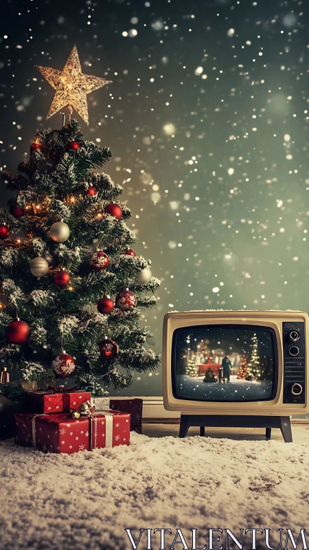 Retro CRT television beside illuminated snow-draped tree.