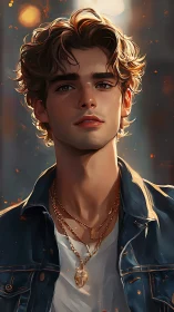 Young man portrait in denim jacket and layered necklaces.