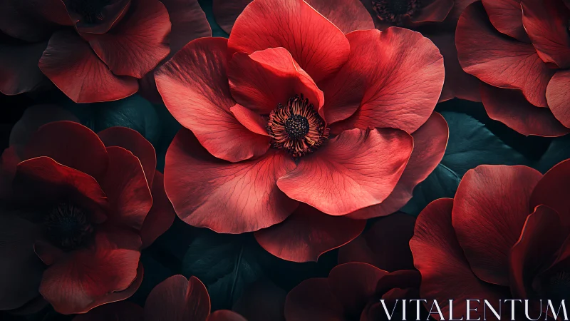 Red Anemone Flowers Against Dark Teal Background.