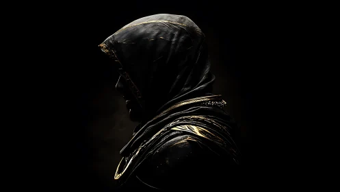 Hooded rogue profile in shadow with gold-trimmed cloak.