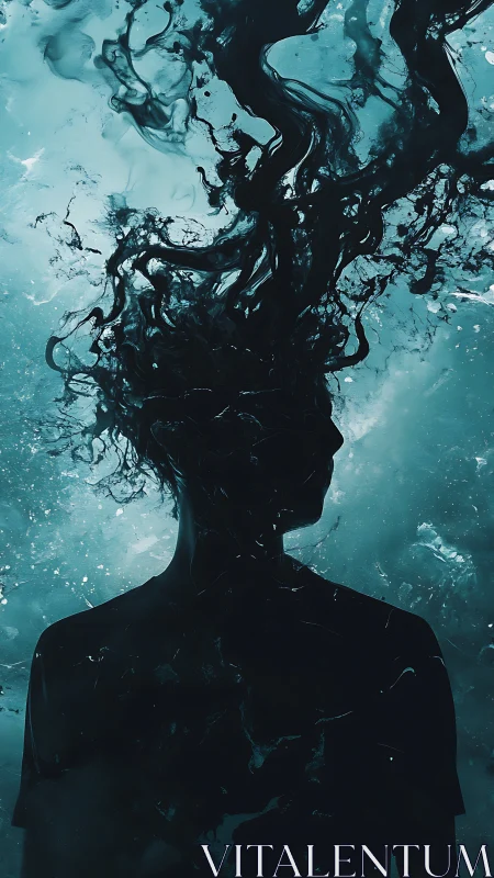 Ink-thought currents bloom from a silhouette adrift in teal