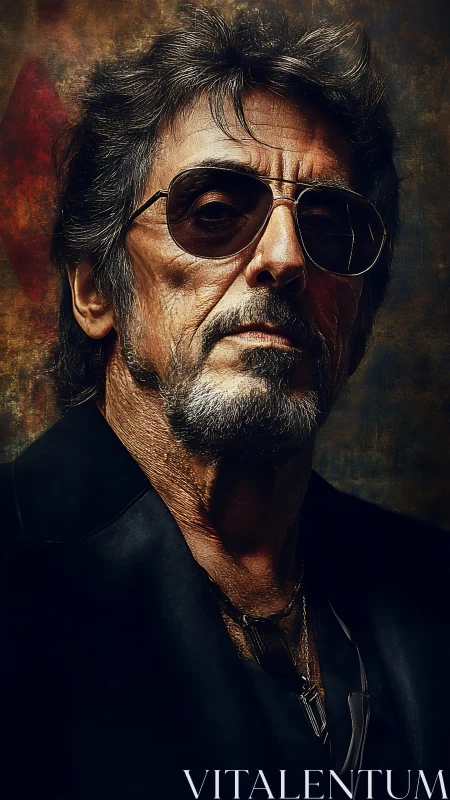 Older man in sunglasses against textured dark background.