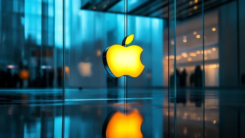 Glowing golden apple logo welcoming visitors in cool glass.