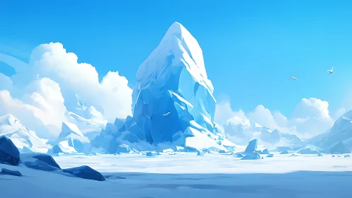 Large polar ice formation under clear blue sky in daylight.