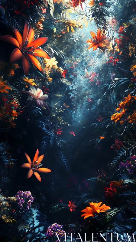 Dense floral composition with layered botanical forms and directional light.