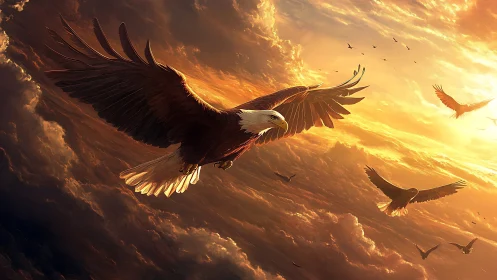Majestic Bald Eagles Soaring Through Dramatic Sunset Clouds.