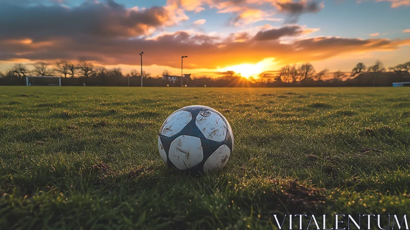 Sunset soccer ball resting on a quiet, dewy field.