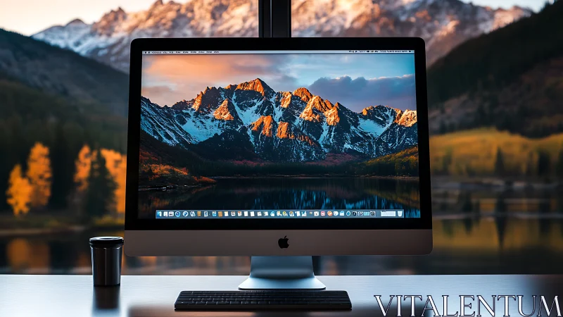 Desktop monitor with alpine landscape wallpaper at sunset