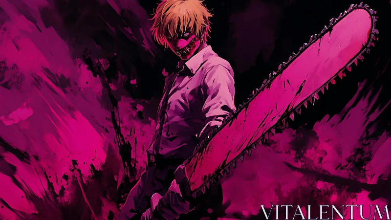 Chainsaw-wielding antihero wrapped in electric pink fury.