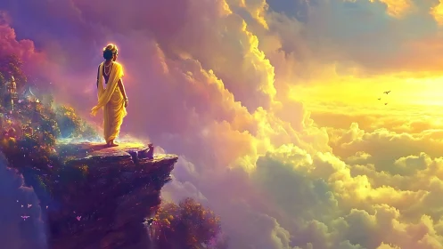 Golden horizon wanderer poised above a dreaming sky.
