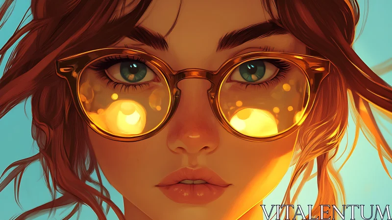 Close-up digital portrait of woman with glowing glasses.